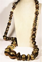 Massive 1980s Gilded Brass Necklace W Large Beads Ethnographic 44' Long