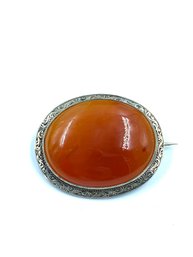 Antique Silver Brooch W/ Bezel Set Carnelian Stone Cabochon