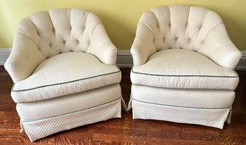 Pair Tufted Swivel Custom Upholstered Armchairs, Hardware By Middletown