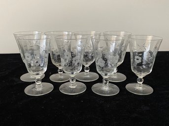 8 Piece Vintage Etched Floral Footed Wine Glasses