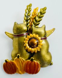 SIGNED KC ENAMEL CAT BROOCH FALL SCENE WITH PUMPKINS SUNFLOWER