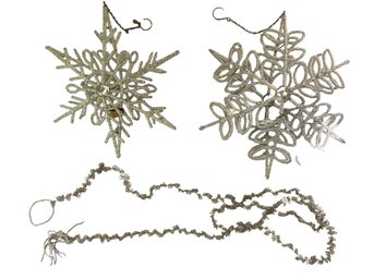 Shimmering Snowflakes! Two Glass Beaded & Metal Hanging Votive/tea Light Candle Holders & Garland