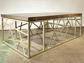 A Modern Geometric Brass And Reclaimed Wood Coffee Table