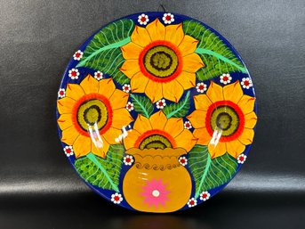 A Highly-Decorative Glazed Pottery Plate With A Vibrant Sunflower Motif, Handcrafted