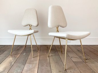 A Pair Of Glamorous Side Chairs In Brass And Crisp Linen By Jonathan Adler