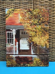 Signed Front Porch View Fall Scene Oil On Canvas