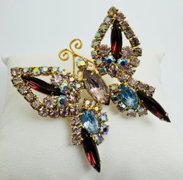 VINTAGE MULTI COLOR RHINESTONE GOLD TONE BUTTERFLY BROOCH