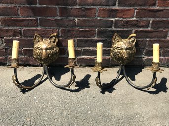 Paid $329 Each - Incredible Pair Vintage Pair Of Wolf Head Sconces - Solid Brass With Fantastic Patina - WOW !