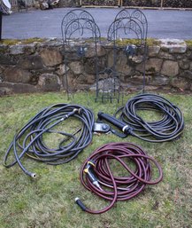 Hose Lot With Three Hoses, Sprinklers, Timers, And Three Reel Holders