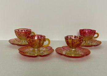 Four Antique / VTG Hand Blown Bohemian Moser Style Cranberry & Gilt Crystal Demitasse Cups & Saucers