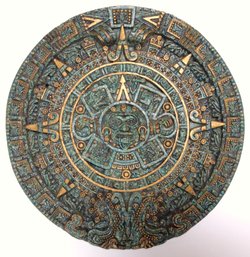 MAYAN CALENDAR: 13.75' Diameter Vintage Wall Plaque, Colored Sand Stones In Clear Resin With Gold, Aztec Sun