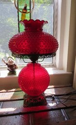 Gorgeous Ruby Red Electric Table Lamp With Hobnail Shade & Base, Working!