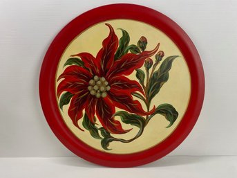 Wood Painted Christmas Platter With Poinsettia