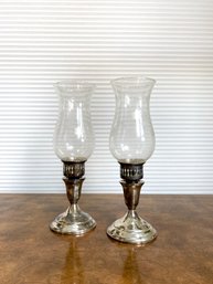 Towle Sterling Weighted Candle Bases With Etched Glass Hurricane Shades