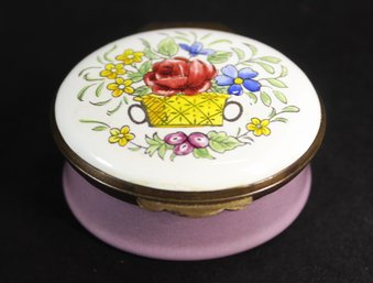 English Basket Of Flowers Enamel Patch Box