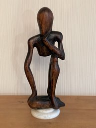 Abstract Wood Carving Thinking Man Sculpture With Marble Base