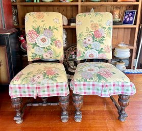 Pair Of Beautiful Designed Multicolor Side Chairs With Turned Legs & Bun Feet