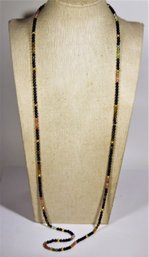 Elongated Necklace Having Small Gemstone Gold Beaded Necklace 32' Long