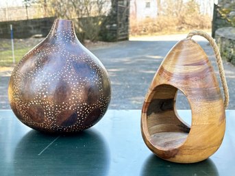 A Pair Of Modern Wood Carvings - A Vase, And Gord Form Birdhouse