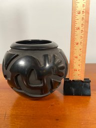 Rose M Lewis Pottery Santa Clara '98 Kokopelli Relief Black Pottery Vase