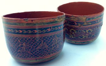 PAIR OF BURMESE LACQUERWARE BOWLS:  2 Vintage Peacock Cups, Lot, Original Art From Burma, Myanmar Art, Artwork