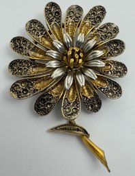 SIGNED ART GOLD TONE AND SILVER TONE FLOWER BROOCH