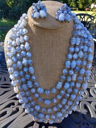 Vintage Blue Stone Multi Strand Necklace And Matching Earrings