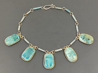 VINTAGE CERAMIC & FAIENCE  SCARAB BEETLE EGYPTIAN REVIVAL NECKLACE