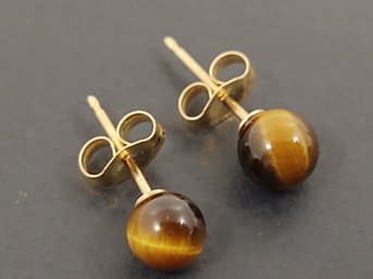 VINTAGE 14K GOLD TIGERS EYE STUD EARRINGS