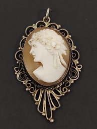 VINTAGE 800 SILVER FILIGREE NATURAL CARVED SHELL CAMEO PENDANT