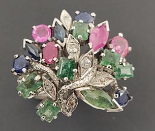 VINTAGE STERLING SILVER DIAMOND EMERALD RUBY & SAPPHIRE RING