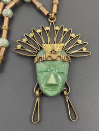 VINTAGE MEXICAN MIXED METALS CARVED HARDSTONE MAYAN HEADDRESS FIGURE NECKLACE