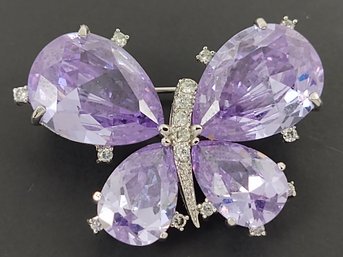 VINTAGE SILVER TONE RHODIUM PLATED AMETHYST CZ BUTTERFLY BROOCH