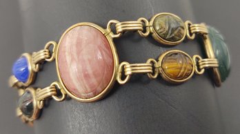 VINTAGE GOLD FILLED CARVED SEMI PRECIOUS STONE SCARAB BRACELET