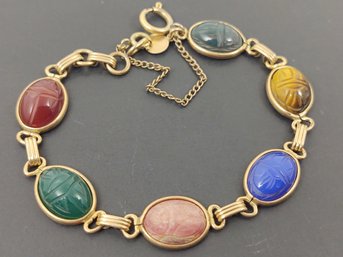 VINTAGE GOLD FILLED CARVED SEMI PRECIOUS STONE SCARAB BRACELET