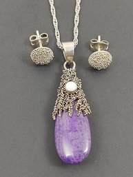 VINTAGE BRUTALIST STERLING SILVER CHAROITE & OPAL NECKLACE & EARRINGS