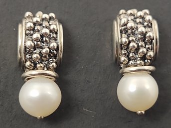 VINTAGE SIGNED MICHAEL DAWKINS STERLING SILVER W/ 14K POSTS PEARL EARRINGS