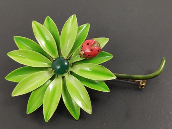 VINTAGE SIGNED ORIGINAL BY ROBERT ENAMELED FLOWER WITH LADYBUG BROOCH