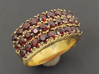 VINTAGE GOLD OVER STERLING SILVER TRIPLE ROW GARNET RING