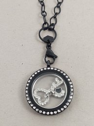 SIGNED ORIGAMI OWL BLACK TONE & RHINESTONE FLOATING CHARM PENDANT NECKLACE