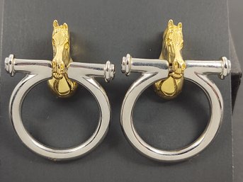 VINTAGE GOLD & SILVER TONE HORE HEAD BIT DOOR KNOCKER EARRINGS