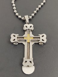 STAINLESS STEEL BALL BEAD CHAIN NECKLACE WITH CROSS PENDANT