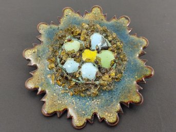 VINTAGE ENAMEL BIRD NEST WITH EGGS BROOCH