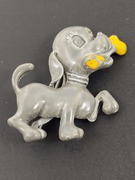 VINTAGE ENAMEL PUPPY DOG WITH BONE BROOCH