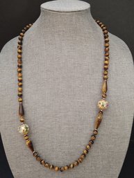 VINTAGE CHINESE TIGERS EYE & ENAMELED CLOISONNE BEADED NECKLACE