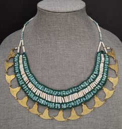 VINTAGE GOLD TONE METAL & FAIENCE BEADED EGYPTIAN REVIVAL BIB NECKLACE