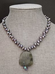 VINTAGE STERLING SILVER TAHETIAN PEARL & LABRADORITE NECKLACE