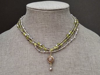 VINTAGE MULTI STRAND STERLING SILVER FACETED GREEN BEAD TAHETIAN PEARL NECKLACE