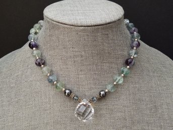 VINTAGE STERLING SILVER FLUORITE BEADS & CRYSTAL NECKLACE