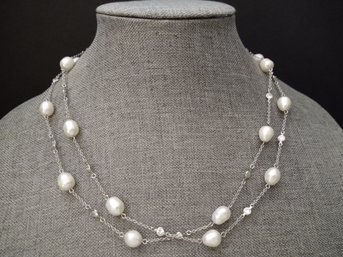 LONG VINTAGE STERLING SILVER BAROQUE PEARL & WHITE CZ STONE NECKLACE